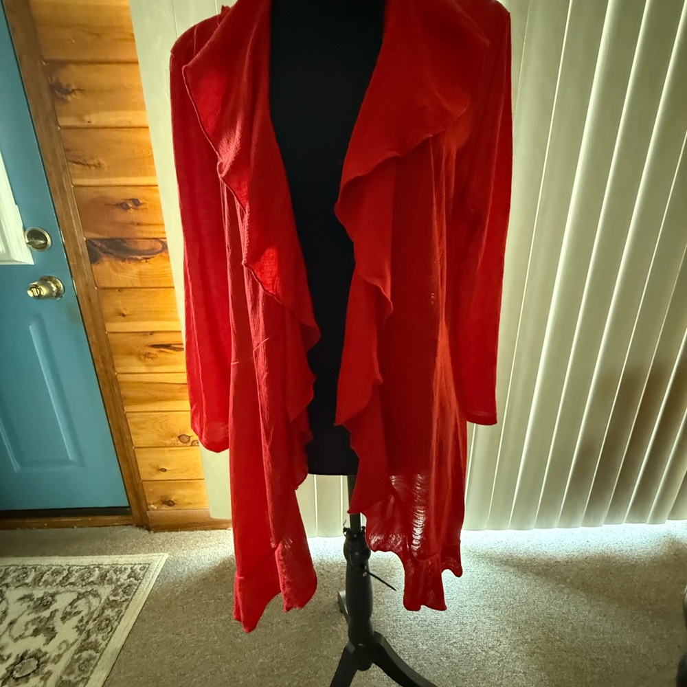Red Ruffled Open Cardigan